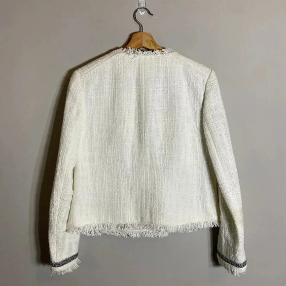 J.Crew Tweed Motorcycle Jacket with Fringe Women's 12 White Gold Career Preppy - Picture 5 of 16